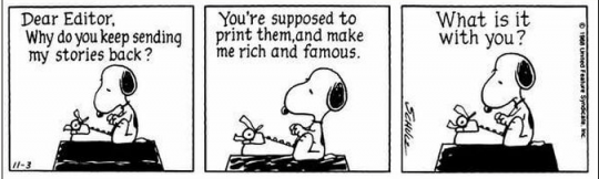 Snoopy sitting on his kennel writing a letter to the editor