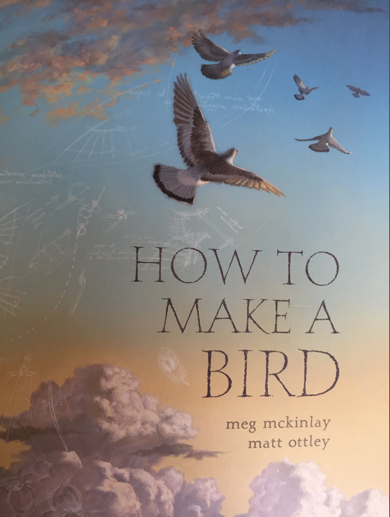 Book cover, How to Make a Bird. Sky, clouds and birds flying into the great beyond.