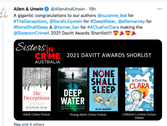 Four books from publisher Allen & Unwin - The Deceptions, Deep Water, None Shall Sleep and A Clue for Clara.